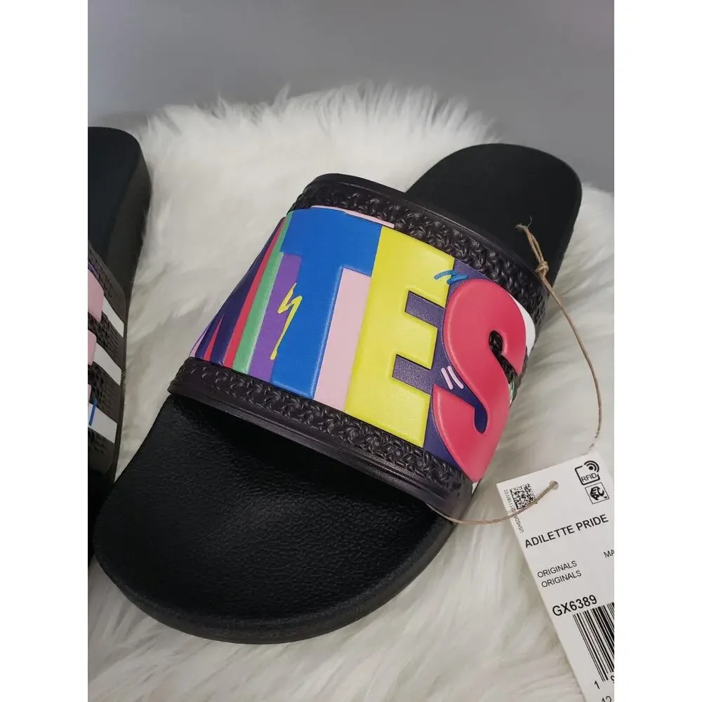 NEW Adidas Men 12 Adilette Slide Sandal Gay Pride LGBTQ Ally LOVE UNITES rainbow